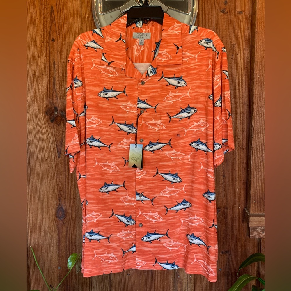 Ocean + Coast Short Sleeve Fish Print Coral Crush Size XL Button Down Shirt